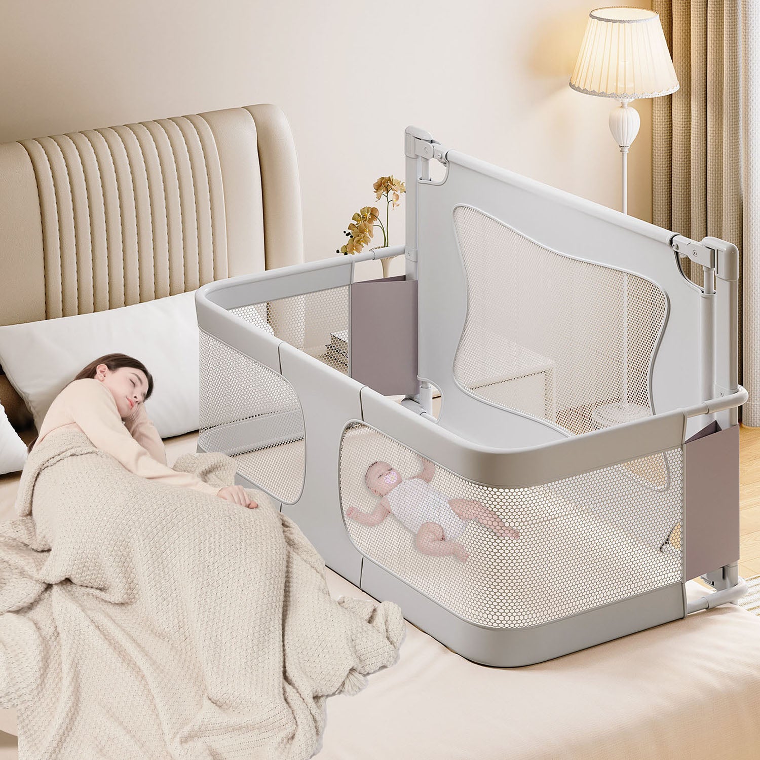 Baby Bed Bedside Sleeper 3 in 1 Folding Portable Crib Breathable Safe Bassinet