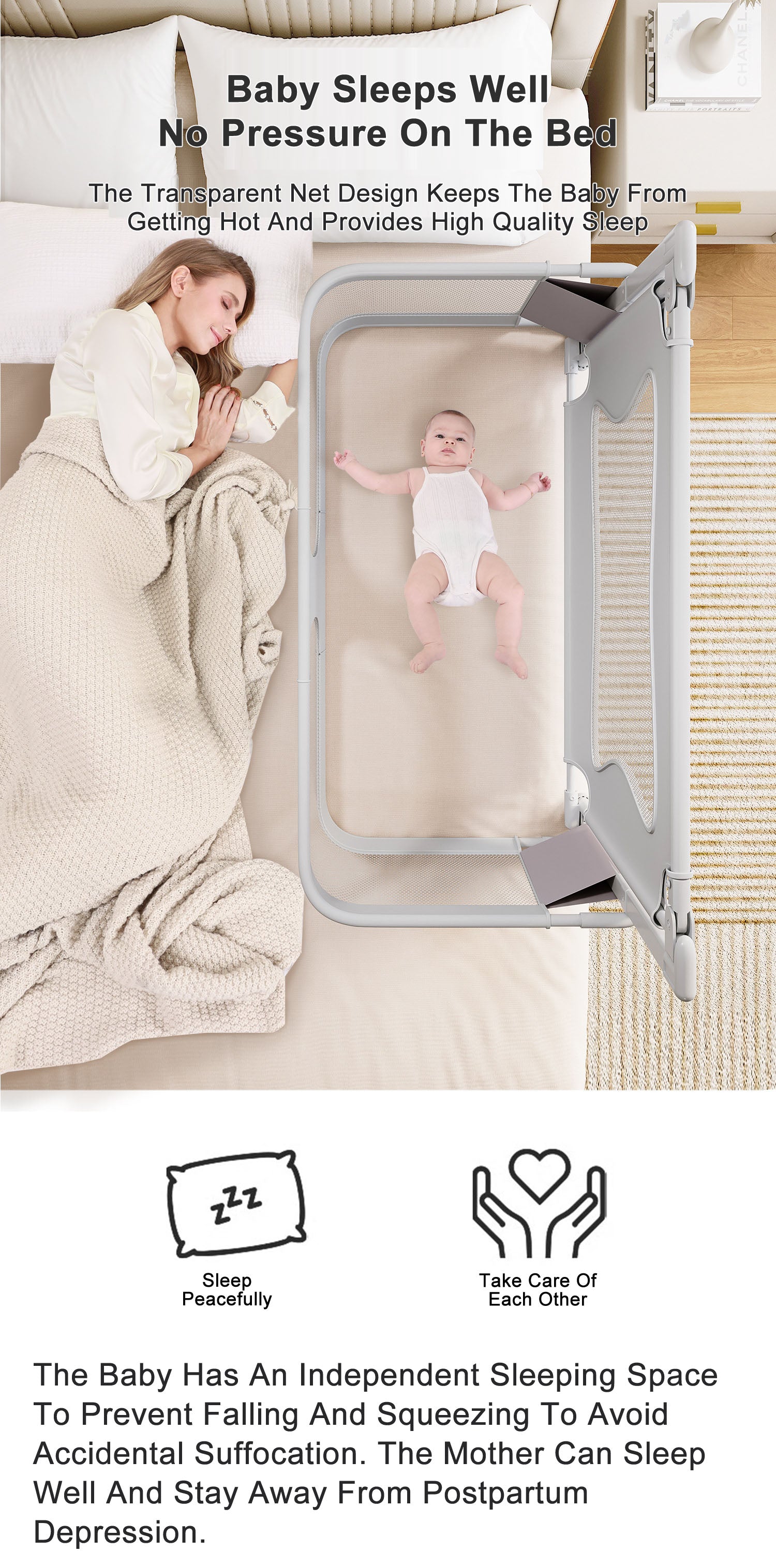 Baby Bed Bedside Sleeper 3 in 1 Folding Portable Crib Breathable Safe Bassinet