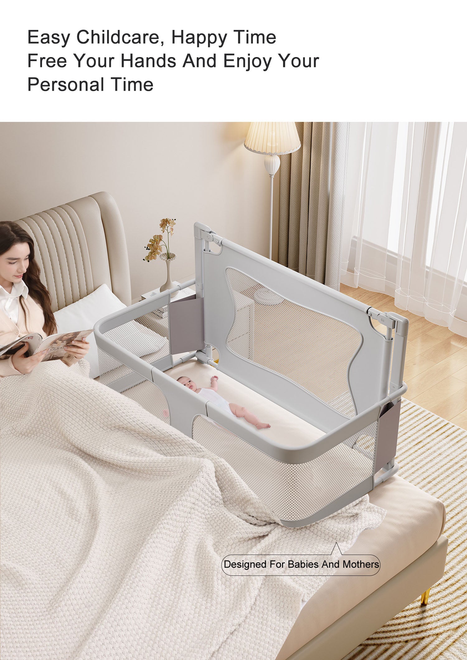 Baby Bed Bedside Sleeper 3 in 1 Folding Portable Crib Breathable Safe Bassinet